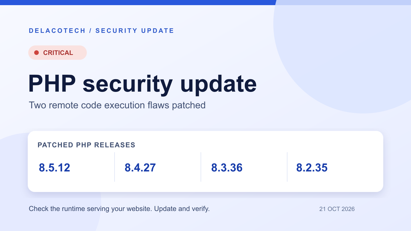 Graphic listing the patched PHP versions 8.5.12, 8.4.27, 8.3.36 and 8.2.35 for two critical remote code execution flaws.